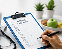 A medical checklist on a clipboard beside fruit