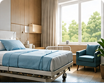 A private hospital room with a bed by the window