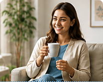 A patient sitting at home holding a warm drink